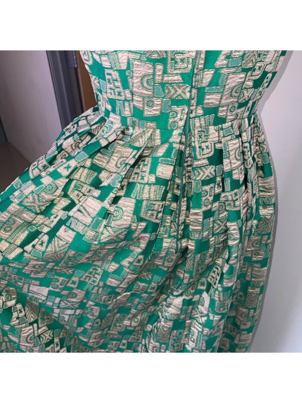 Vintage Womens Pleated Maxi Dress Size Small Green Gold Geometric Print Casual - Picture 16 of 16